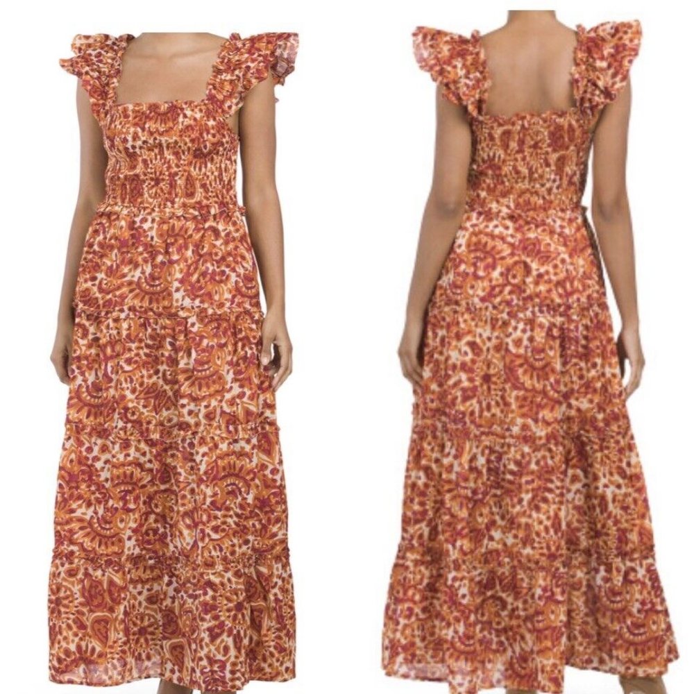 HOUSE OF HARLOW Zoey Smocked Ruffle Tiered Maxi Dress XS Orange Red